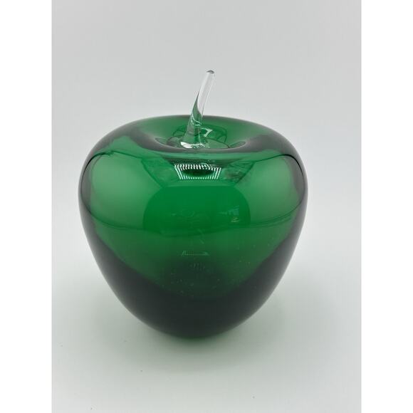 Vintage Blenko Art Glass Emerald Green Apple Paperweight w/ Clear Stem 1960s MCM - Picture 2 of 8